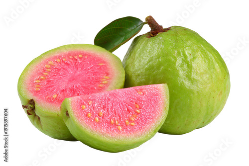 Fresh green guava fruit with pink flesh sliced on white background healthy food