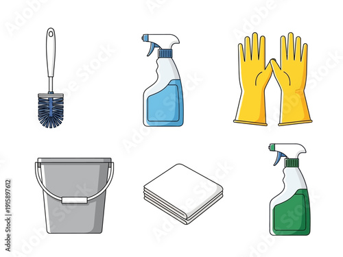 Collection of household cleaning supplies and equipment including a toilet brush, bucket, spray bottles, gloves, and cloths