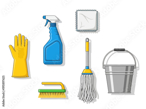 Collection of cleaning supplies including a spray bottle, gloves, mop, bucket, brush, and cloth for household chores and tidiness