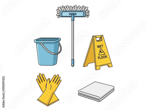 Collection of cleaning tools including a mop, bucket, wet floor sign, gloves, and cleaning cloths for household chores
