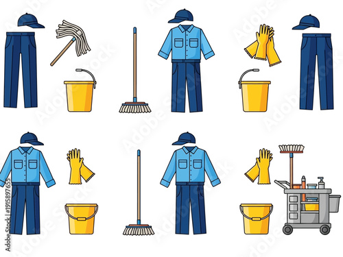 Cleaning service uniform and equipment set, representing professional cleaning staff with blue outfits and essential tools for efficient sanitation