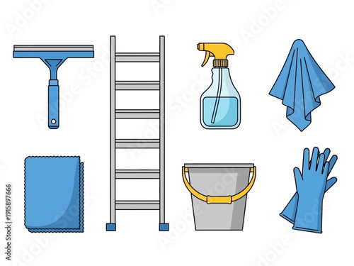 Collection of cleaning tools including a ladder, squeegee, bucket, spray bottle, cloth, and gloves, ready for use