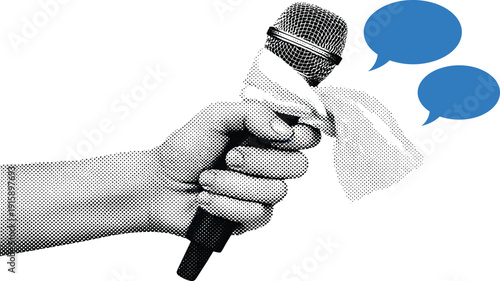 Hand holding a microphone with a speech bubble, representing public speaking and communication.
