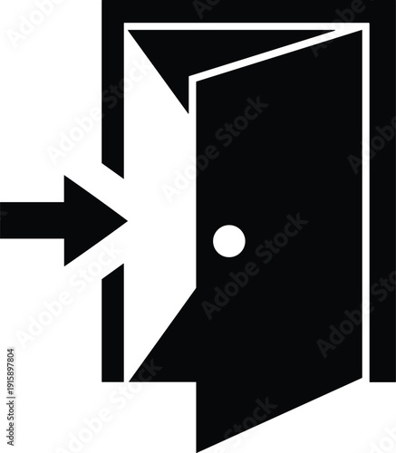 Black login icon of an open door with an entrance arrow isolated on white background for user interface design and emergency exit signage.