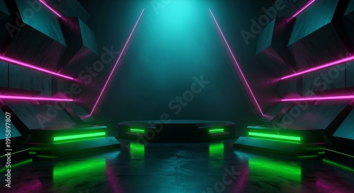 Futuristic Stage With Neon Lights And Geometric Patterns In Dark Room