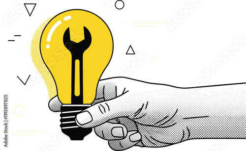 Hand holding a yellow lightbulb with a wrench inside, symbolizing innovative problem-solving and creativity