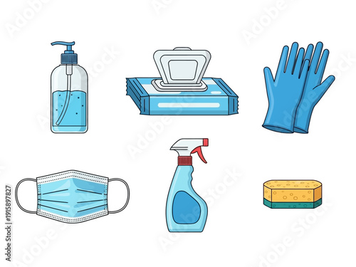 Collection of hygiene and safety items, including hand sanitizer, wipes, gloves, face mask, spray bottle, and sponge