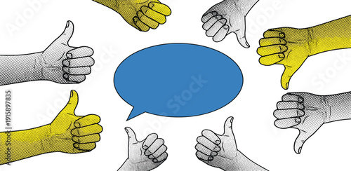 Diverse hands giving thumbs up and down around a speech bubble, symbolizing mixed opinions and feedback