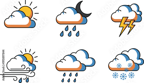 Various weather conditions illustrated with cloud icons depicting sun, rain, snow, and storm from a straightforward viewpoint