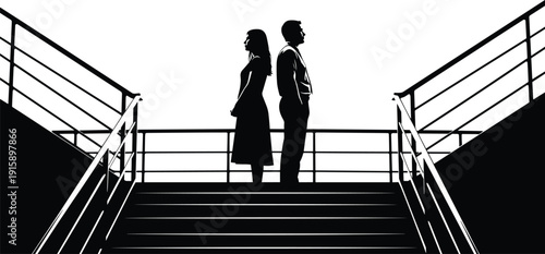 Black silhouette of a man and woman standing back to back on a staircase with railings isolated on white background for relationship conflict concepts.