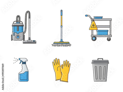 Set of icons representing cleaning supplies and equipment, including a vacuum, mop, and cleaning cart