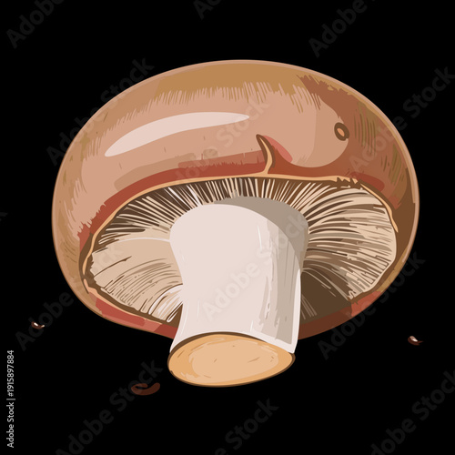 Robust portobello specimen featuring oversized stem and domed cap for organic produce market promotional flyers - Vector Illustration