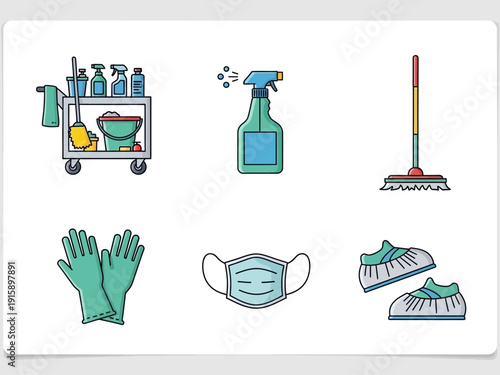 Collection of hygiene and sanitation supplies, including cleaning cart, spray bottle, mop, gloves, mask, and shoe covers