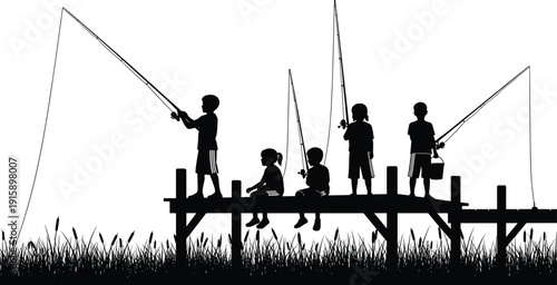 Black silhouette of children fishing on a wooden pier with fishing rods over a lake with tall grass isolated on white background for recreation.