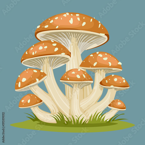 Trio of towering umber mushrooms standing on grassy meadow for seasonal harvest festival event invitations - Vector Illustration