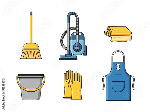 Cleaning supplies and equipment icon set including broom, vacuum, mop, gloves, bucket, apron, and towels for housekeeping services