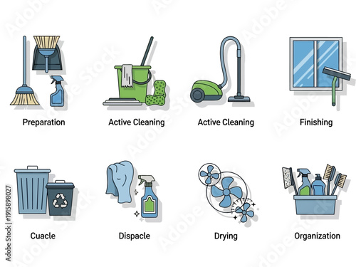 Set of icons depicting house cleaning activities and supplies, including preparation, active cleaning, drying, and organization for a spotless home