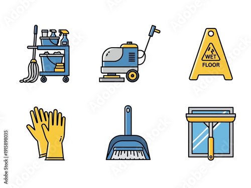 Set of cleaning icons including a mop bucket, floor scrubber, wet floor sign, gloves, dustpan, and window squeegee for housekeeping services