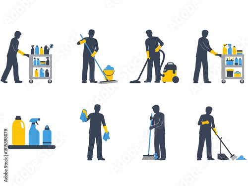 Set of vector icons representing cleaning services and activities, showcasing various tools and staff members
