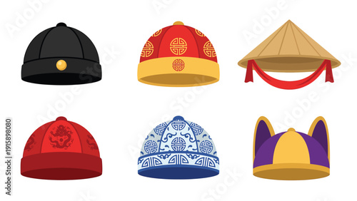 Traditional East Asian Headwear Cartoon Vector Set