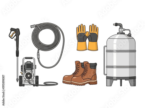 Pressure washing equipment and safety gear for professional cleaning services
