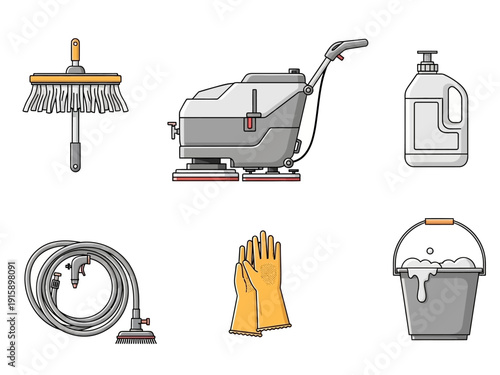 Set of cleaning supplies and equipment, including a floor scrubber, mop, hose, gloves, and bucket with soap for household chores