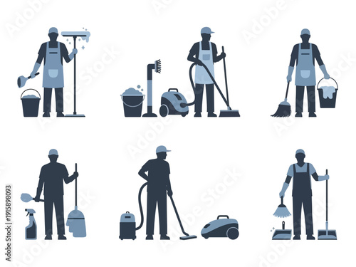 Set of illustrations depicting cleaning service professionals performing various household chores with brooms, mops, and vacuum cleaners