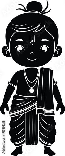 Cute black silhouette of a small Indian boy character in traditional dhoti and veshti clothing isolated on white background for cultural celebration design.