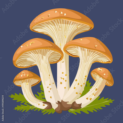 Tall burnt orange mushroom duo on mossy ground for autumn equinox and seasonal change illustrations - Vector Illustration