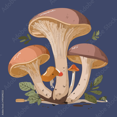 Cluster of tawny capped mushrooms for educational mycology posters and community garden workshop flyers - Vector Illustration