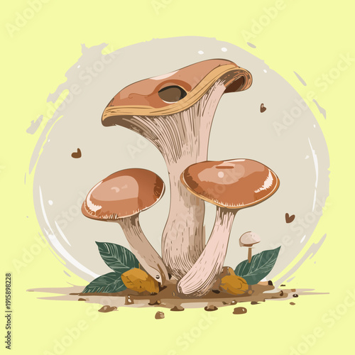 Towering chestnut mushrooms in a wild grass field for pastoral landscape and rural life illustrations - Vector Illustration