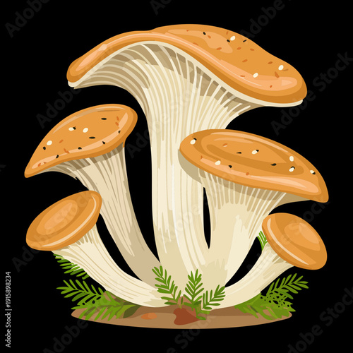 Vivid apricot hued mushroom group for energetic seasonal marketing and autumn garden club logos - Vector Illustration