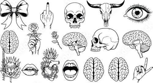 Collection of hand drawn vector illustrations featuring skulls, brains, anatomical heart, roses, and various hand gestures isolated on white for alternative tattoo flash designs.