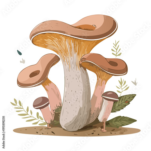 Earthy mocha mushroom patch in green foliage for seasonal nature calendars and environmental protection ads - Vector Illustration