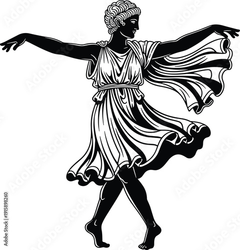 Elegant black and white vector illustration of a classical Greek goddess dancing in traditional flowing robe isolated on white for mythology and history.