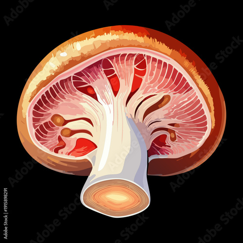 Modern rendering of reddish fungi with intricate organic patterns for boutique hotel culinary interior design - Vector Illustration