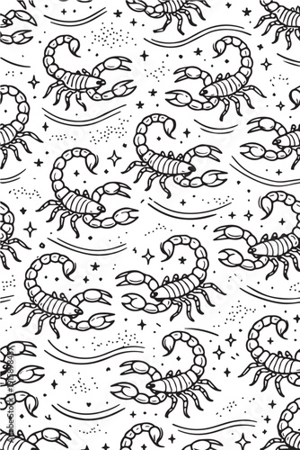 A clean vector design of background pattern with many scorpion animals, representing desert wildlife theme, repeating nature decorative illustration art.