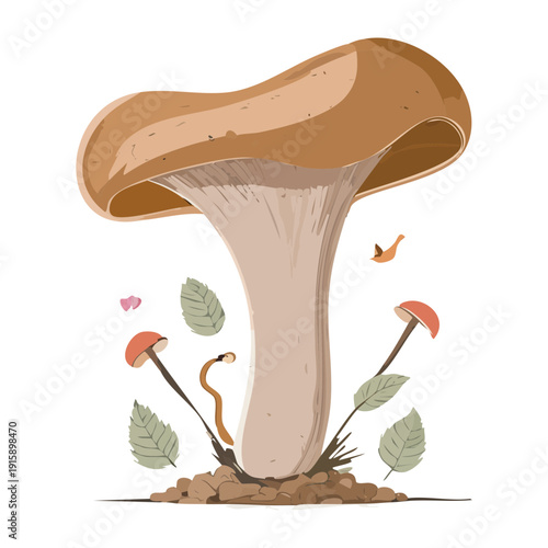 Tall mahogany mushroom with emerging sprout for spring growth cycles and nature regeneration themes - Vector Illustration