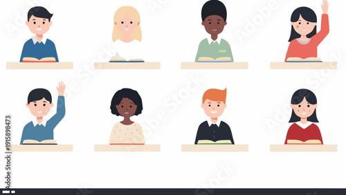 Diverse group of students sitting at desks reading and raising hands