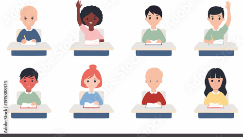 Diverse group of students raising hands in a classroom setting