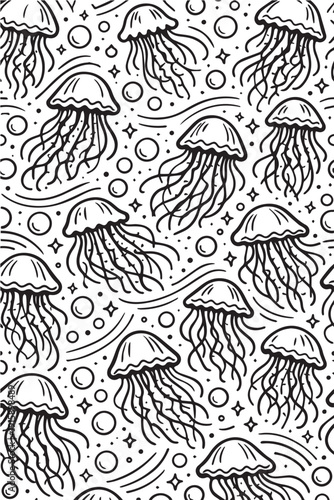 A vector illustration showing repeating jellyfish pattern background, symbolizing ocean wildlife theme, underwater beauty concept, and decorative marine art.