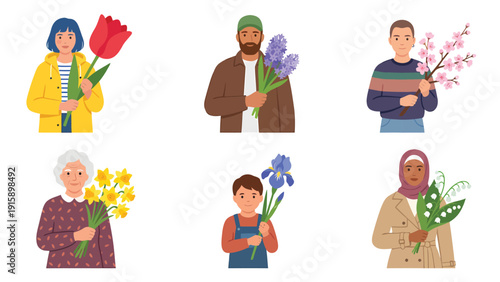 Diverse Group of People Holding Spring Flowers - Men, Women, Children with Various Bouquets. Flat Vector Illustration.