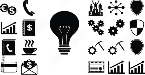 Set of black business and financial icons including light bulb, currency symbols, growth charts, and gears isolated on white for professional corporate branding.