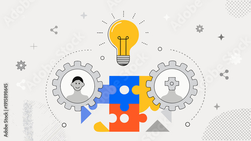 Illustration of a lightbulb above interconnected puzzle pieces and gears