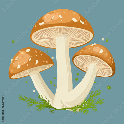 Clump of earthy fungi on green blades for local farm promotional art and organic harvest - Vector Illustration