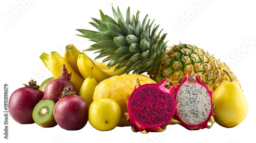 Fresh tropical fruits assortment with pineapple banana mango kiwi dragonfruit on white background