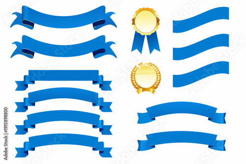 Collection of blue ribbons and golden award medals on white background