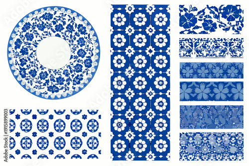 Assortment of blue and white porcelain patterns and tile designs