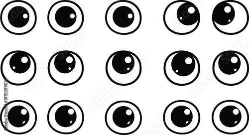 Set of cute cartoon googly eye vector illustrations with various pupil positions and expressions isolated on white for character design and comic animation assets.