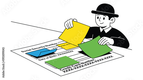 Man in bowler hat organizing sensitive personal data on a form, symbolizing data privacy, identity protection, and document management.